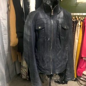 NAVY BLUE DISTRESSED LEATHER JACKET